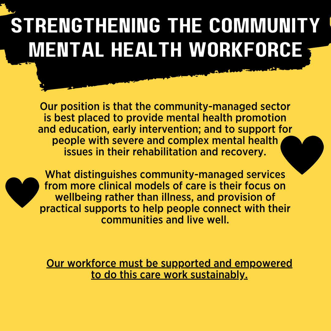 Our position is that the community-managed sector is best placed to provide mental health promotion and education, early intervention; and to support for people with severe and complex mental health issues in their rehabilitation and recovery.

What distinguishes community-managed services from more clinical models of care is their focus on wellbeing rather than illness, and provision of practical supports to help people connect with their communities and live well.

Our workforce must be supported and empowered to do this care work sustainably.